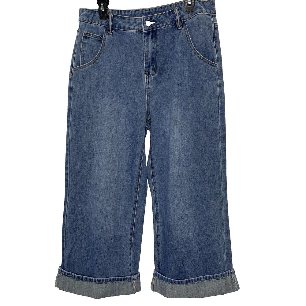 DAZY Jeans Cropped Cuffed Wide Leg Baggy High Rise Denim Med Wash Womens XL Blue